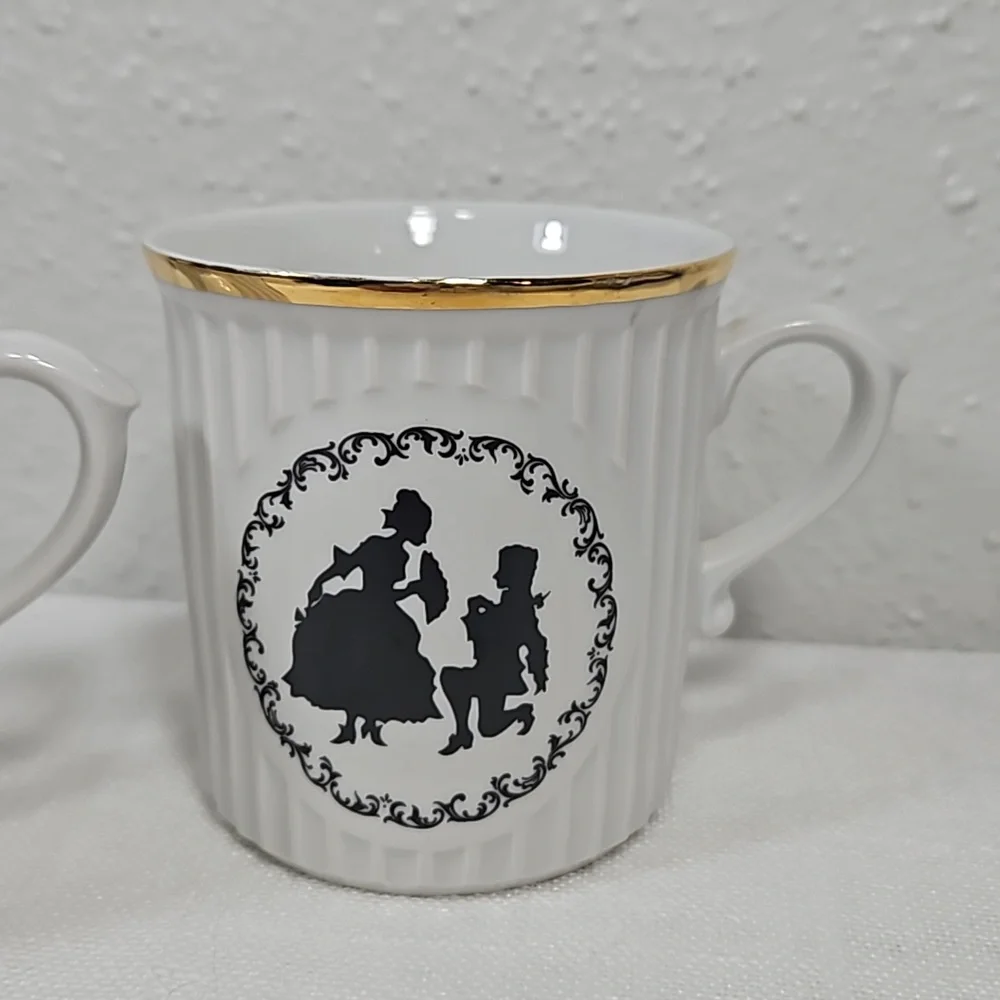 set of 2 Victorian couple silhouette Czechoslovakia porcelain tea cups